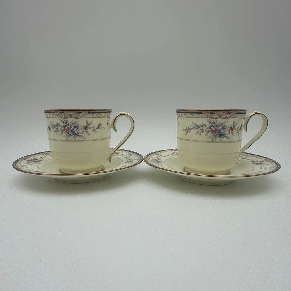 Noritake Lylewood Fine China Tea Cup and Saucer Set of 2 Floral Gold Trim 9760